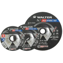 WALTER Surface Technologies - 24 Grit, 9" Wheel Diam, 1/4" Wheel Thickness, 7/8" Arbor Hole, Type 27 Depressed Center Wheel - Aluminum Oxide, Resinoid Bond, 6,600 Max RPM - Apex Tool & Supply