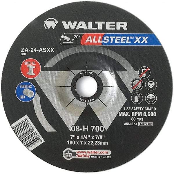 WALTER Surface Technologies - 24 Grit, 7" Wheel Diam, 1/4" Wheel Thickness, 7/8" Arbor Hole, Type 27 Depressed Center Wheel - Aluminum Oxide, Resinoid Bond, 8,600 Max RPM - Apex Tool & Supply