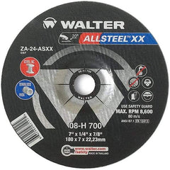 WALTER Surface Technologies - 24 Grit, 7" Wheel Diam, 1/4" Wheel Thickness, 7/8" Arbor Hole, Type 27 Depressed Center Wheel - Aluminum Oxide, Resinoid Bond, 8,600 Max RPM - Apex Tool & Supply