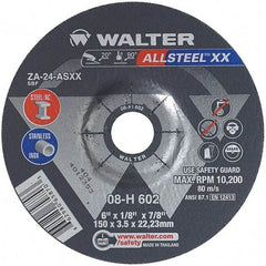 WALTER Surface Technologies - 24 Grit, 6" Wheel Diam, 1/8" Wheel Thickness, 7/8" Arbor Hole, Type 27 Depressed Center Wheel - Aluminum Oxide, Resinoid Bond, 10,200 Max RPM - Apex Tool & Supply