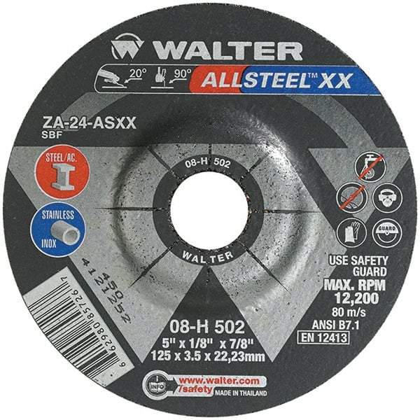 WALTER Surface Technologies - 24 Grit, 5" Wheel Diam, 1/8" Wheel Thickness, 7/8" Arbor Hole, Type 27 Depressed Center Wheel - Aluminum Oxide, Resinoid Bond, 12,200 Max RPM - Apex Tool & Supply