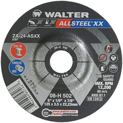 WALTER Surface Technologies - 24 Grit, 5" Wheel Diam, 1/8" Wheel Thickness, 7/8" Arbor Hole, Type 27 Depressed Center Wheel - Aluminum Oxide, Resinoid Bond, 12,200 Max RPM - Apex Tool & Supply