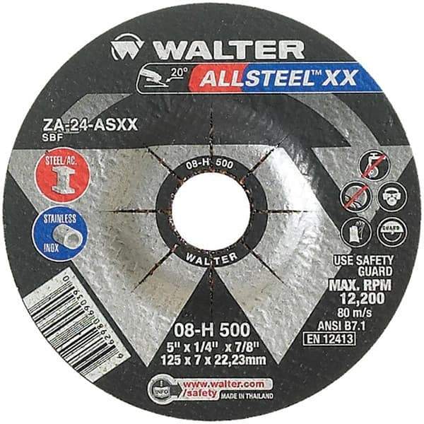 WALTER Surface Technologies - 24 Grit, 5" Wheel Diam, 1/4" Wheel Thickness, 7/8" Arbor Hole, Type 27 Depressed Center Wheel - Aluminum Oxide, Resinoid Bond, 12,200 Max RPM - Apex Tool & Supply