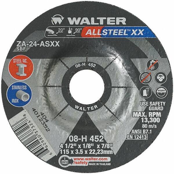 WALTER Surface Technologies - 24 Grit, 4-1/2" Wheel Diam, 1/8" Wheel Thickness, 7/8" Arbor Hole, Type 27 Depressed Center Wheel - Aluminum Oxide, Resinoid Bond, 13,300 Max RPM - Apex Tool & Supply