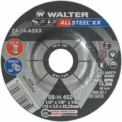 WALTER Surface Technologies - 24 Grit, 4-1/2" Wheel Diam, 1/8" Wheel Thickness, 7/8" Arbor Hole, Type 27 Depressed Center Wheel - Aluminum Oxide, Resinoid Bond, 13,300 Max RPM - Apex Tool & Supply