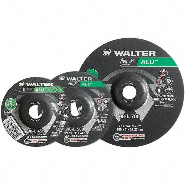 WALTER Surface Technologies - 24 Grit, 9" Wheel Diam, 1/4" Wheel Thickness, Type 27 Depressed Center Wheel - Aluminum Oxide, Resinoid Bond, 6,600 Max RPM - Apex Tool & Supply