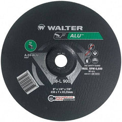 WALTER Surface Technologies - 24 Grit, 9" Wheel Diam, 1/4" Wheel Thickness, 7/8" Arbor Hole, Type 27 Depressed Center Wheel - Aluminum Oxide, Resinoid Bond, 6,600 Max RPM - Apex Tool & Supply