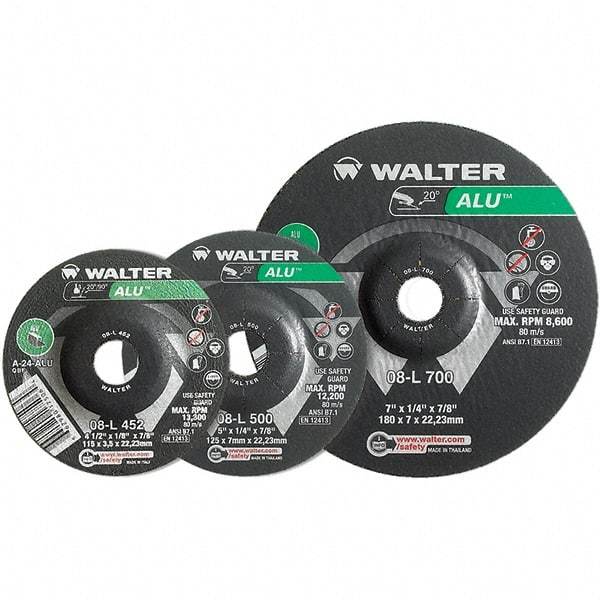 WALTER Surface Technologies - 24 Grit, 7" Wheel Diam, 1/8" Wheel Thickness, Type 27 Depressed Center Wheel - Aluminum Oxide, Resinoid Bond, 8,600 Max RPM - Apex Tool & Supply