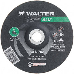 WALTER Surface Technologies - 24 Grit, 7" Wheel Diam, 1/8" Wheel Thickness, 7/8" Arbor Hole, Type 27 Depressed Center Wheel - Aluminum Oxide, Resinoid Bond, 8,600 Max RPM - Apex Tool & Supply