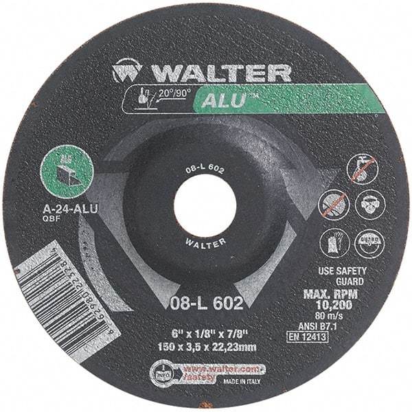 WALTER Surface Technologies - 24 Grit, 6" Wheel Diam, 1/8" Wheel Thickness, 7/8" Arbor Hole, Type 27 Depressed Center Wheel - Aluminum Oxide, Resinoid Bond, 10,200 Max RPM - Apex Tool & Supply