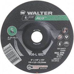 WALTER Surface Technologies - 24 Grit, 6" Wheel Diam, 1/8" Wheel Thickness, 7/8" Arbor Hole, Type 27 Depressed Center Wheel - Aluminum Oxide, Resinoid Bond, 10,200 Max RPM - Apex Tool & Supply