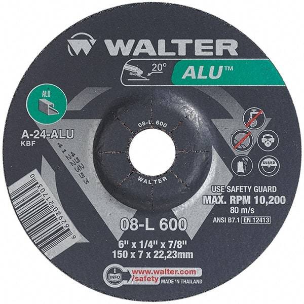 WALTER Surface Technologies - 24 Grit, 6" Wheel Diam, 1/4" Wheel Thickness, 7/8" Arbor Hole, Type 27 Depressed Center Wheel - Aluminum Oxide, Resinoid Bond, 10,200 Max RPM - Apex Tool & Supply