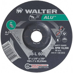 WALTER Surface Technologies - 24 Grit, 6" Wheel Diam, 1/4" Wheel Thickness, 7/8" Arbor Hole, Type 27 Depressed Center Wheel - Aluminum Oxide, Resinoid Bond, 10,200 Max RPM - Apex Tool & Supply