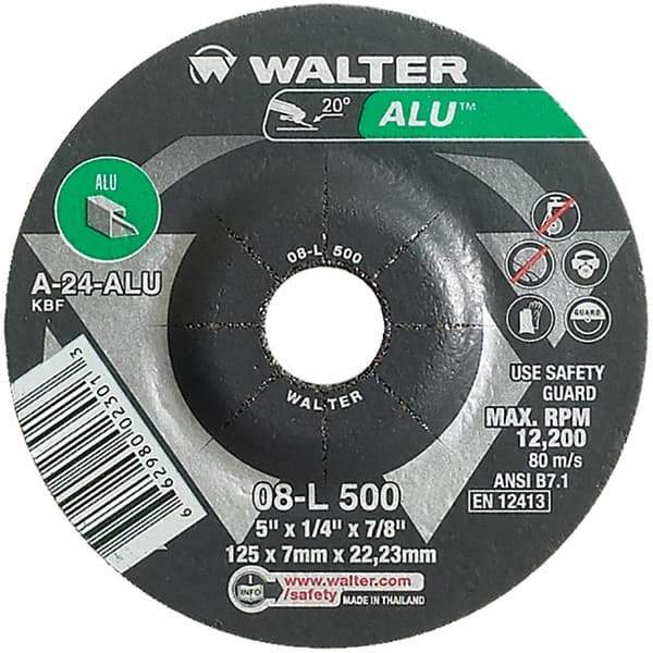 WALTER Surface Technologies - 24 Grit, 5" Wheel Diam, 1/4" Wheel Thickness, 7/8" Arbor Hole, Type 27 Depressed Center Wheel - Aluminum Oxide, Resinoid Bond, 12,200 Max RPM - Apex Tool & Supply