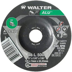 WALTER Surface Technologies - 24 Grit, 5" Wheel Diam, 1/4" Wheel Thickness, 7/8" Arbor Hole, Type 27 Depressed Center Wheel - Aluminum Oxide, Resinoid Bond, 12,200 Max RPM - Apex Tool & Supply