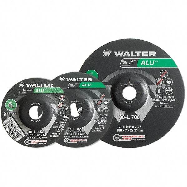 WALTER Surface Technologies - 24 Grit, 4-1/2" Wheel Diam, 1/4" Wheel Thickness, Type 27 Depressed Center Wheel - Aluminum Oxide, Resinoid Bond, 13,300 Max RPM - Apex Tool & Supply