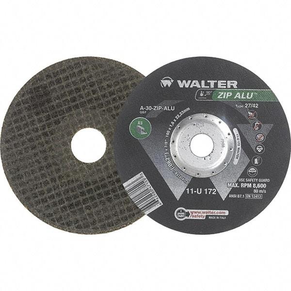 WALTER Surface Technologies - 30 Grit, 7" Wheel Diam, 1/16" Wheel Thickness, 7/8" Arbor Hole, Type 27 Depressed Center Wheel - Aluminum Oxide, Resinoid Bond, 8,600 Max RPM - Apex Tool & Supply