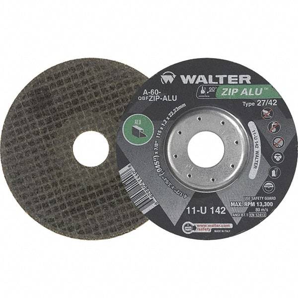 WALTER Surface Technologies - 60 Grit, 5" Wheel Diam, 3/64" Wheel Thickness, 7/8" Arbor Hole, Type 27 Depressed Center Wheel - Aluminum Oxide, Resinoid Bond, 12,200 Max RPM - Apex Tool & Supply