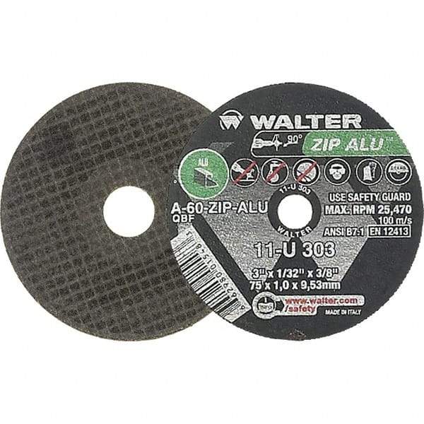 WALTER Surface Technologies - 3" 60 Grit Aluminum Oxide Cutoff Wheel - 1/32" Thick, 3/8" Arbor, 25,470 Max RPM, Use with Die Grinders - Apex Tool & Supply