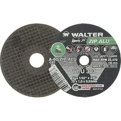 WALTER Surface Technologies - 3" 60 Grit Aluminum Oxide Cutoff Wheel - 1/32" Thick, 3/8" Arbor, 25,470 Max RPM, Use with Die Grinders - Apex Tool & Supply