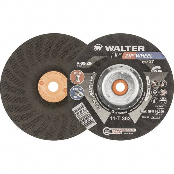 WALTER Surface Technologies - 60 Grit, 6" Wheel Diam, 3/64" Wheel Thickness, Type 27 Depressed Center Wheel - Resinoid Bond, 10,200 Max RPM - Apex Tool & Supply