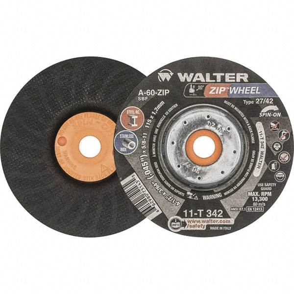 WALTER Surface Technologies - 60 Grit, 4-1/2" Wheel Diam, 3/64" Wheel Thickness, Type 27 Depressed Center Wheel - Resinoid Bond, 13,300 Max RPM - Apex Tool & Supply