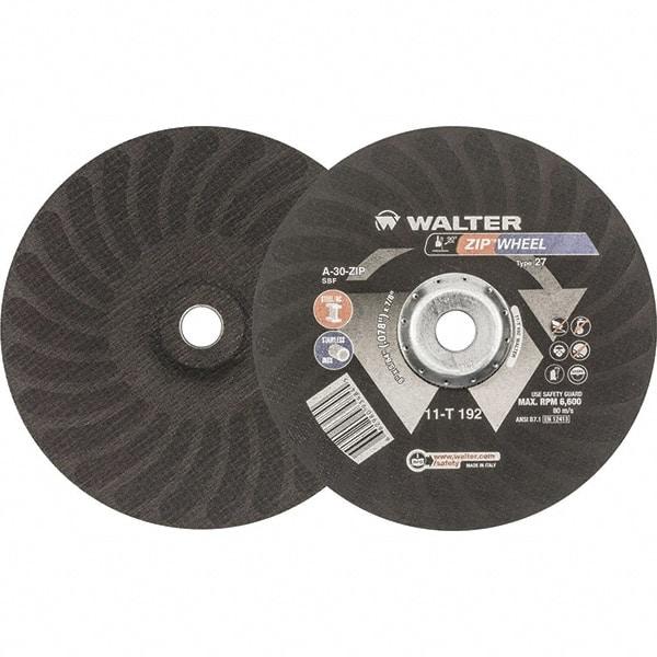 WALTER Surface Technologies - 30 Grit, 9" Wheel Diam, 5/64" Wheel Thickness, 7/8" Arbor Hole, Type 27 Depressed Center Wheel - Aluminum Oxide, Resinoid Bond, 6,600 Max RPM - Apex Tool & Supply