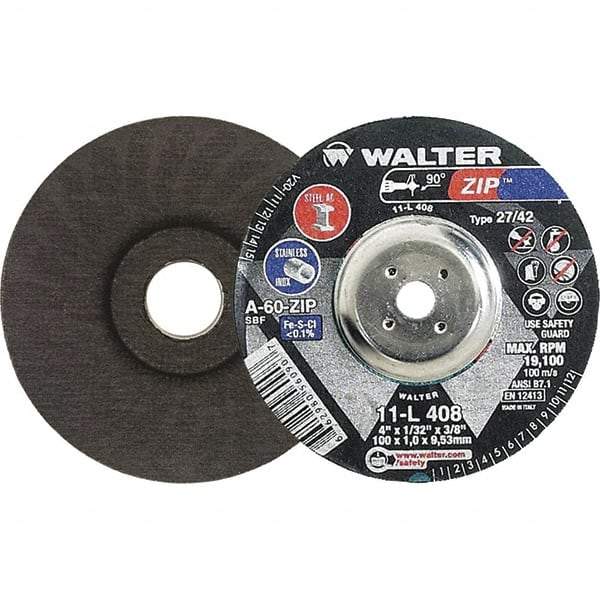 WALTER Surface Technologies - 60 Grit, 4" Wheel Diam, 1/32" Wheel Thickness, 3/8" Arbor Hole, Type 27 Depressed Center Wheel - Aluminum Oxide, Resinoid Bond, 19,100 Max RPM, Compatible with Die Grinders & Straight Shaft Grinder - Apex Tool & Supply