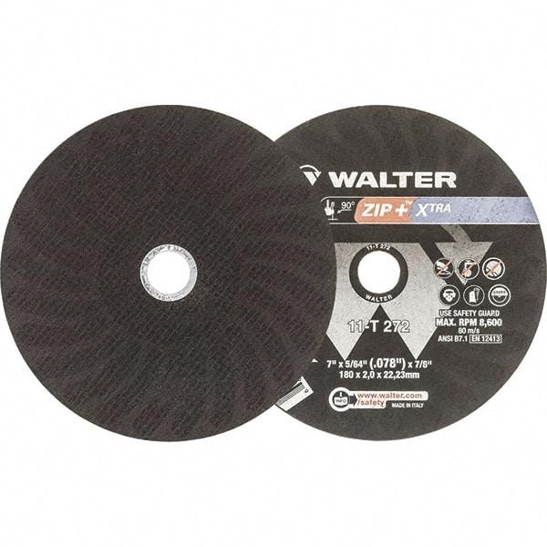 WALTER Surface Technologies - 7" 46 Grit Aluminum Oxide Cutoff Wheel - 5/64" Thick, 7/8" Arbor, 8,600 Max RPM, Use with Angle Grinders - Apex Tool & Supply