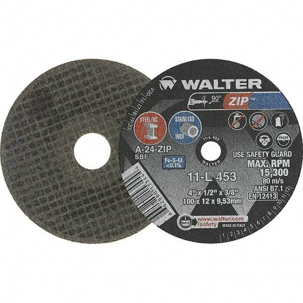 WALTER Surface Technologies - 4" 24 Grit Aluminum Oxide Cutoff Wheel - 1/2" Thick, 3/8" Arbor, 19,100 Max RPM, Use with Die Grinders - Apex Tool & Supply