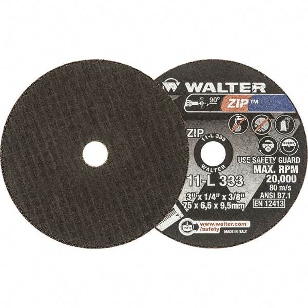 WALTER Surface Technologies - 3" 24 Grit Aluminum Oxide Cutoff Wheel - 1/4" Thick, 3/8" Arbor, 25,470 Max RPM, Use with Die Grinders - Apex Tool & Supply