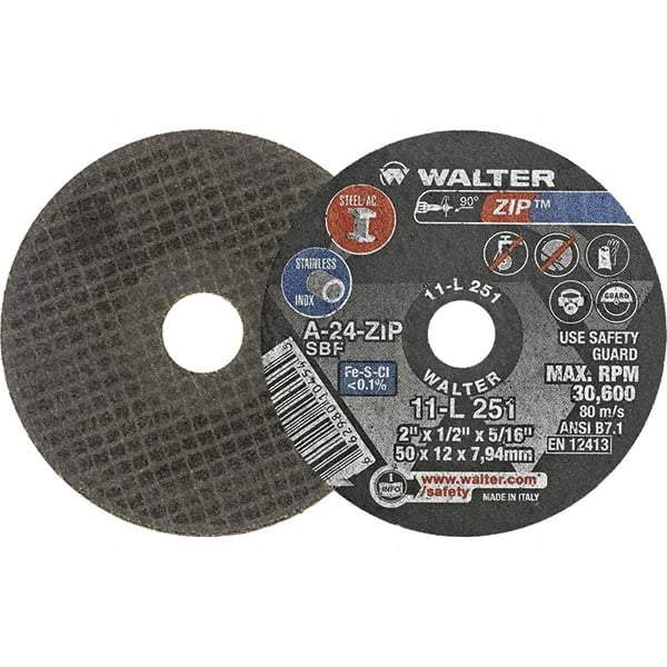 WALTER Surface Technologies - 2" 24 Grit Aluminum Oxide Cutoff Wheel - 1/2" Thick, 5/16" Arbor, 31,000 Max RPM, Use with Die Grinders - Apex Tool & Supply