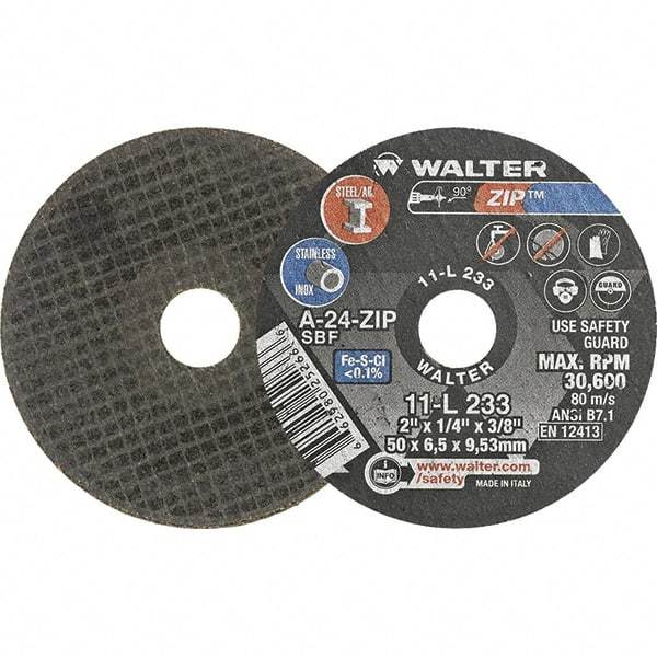 WALTER Surface Technologies - 2" 24 Grit Aluminum Oxide Cutoff Wheel - 1/4" Thick, 3/8" Arbor, 31,000 Max RPM, Use with Die Grinders - Apex Tool & Supply