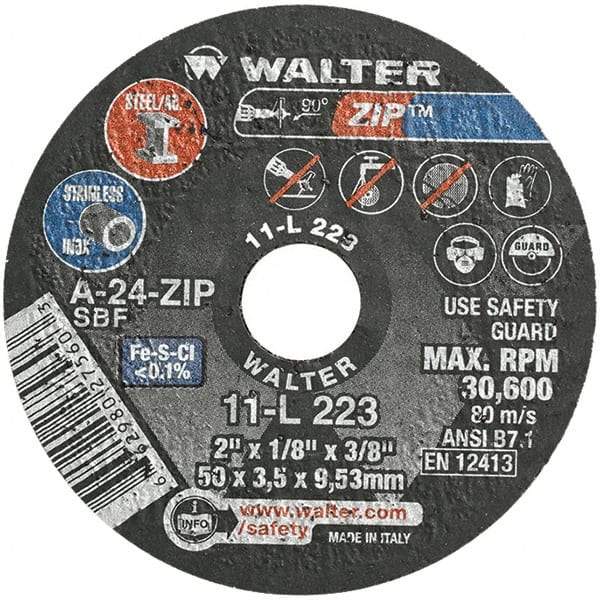 WALTER Surface Technologies - 2" 24 Grit Aluminum Oxide Cutoff Wheel - 1/8" Thick, 3/8" Arbor, 31,000 Max RPM, Use with Die Grinders - Apex Tool & Supply