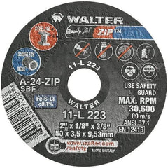 WALTER Surface Technologies - 2" 24 Grit Aluminum Oxide Cutoff Wheel - 1/8" Thick, 3/8" Arbor, 31,000 Max RPM, Use with Die Grinders - Apex Tool & Supply