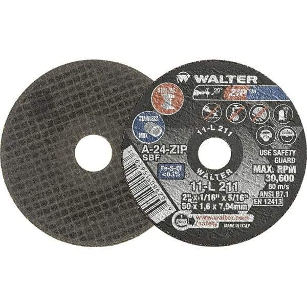 WALTER Surface Technologies - 2" 24 Grit Aluminum Oxide Cutoff Wheel - 1/16" Thick, 5/16" Arbor, 31,000 Max RPM, Use with Die Grinders - Apex Tool & Supply
