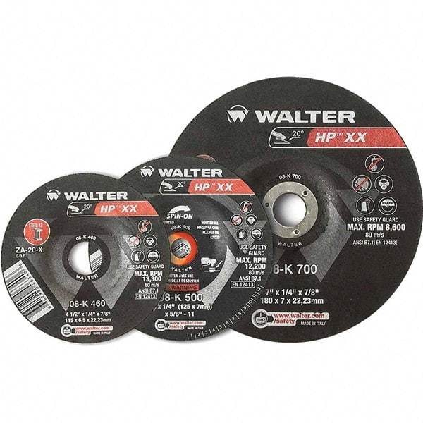 WALTER Surface Technologies - 16 Grit, 9" Wheel Diam, 1/4" Wheel Thickness, Type 28 Depressed Center Wheel - Aluminum Oxide, Resinoid Bond, 6,600 Max RPM - Apex Tool & Supply