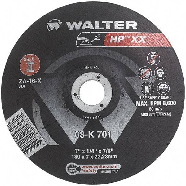 WALTER Surface Technologies - 16 Grit, 7" Wheel Diam, 1/4" Wheel Thickness, 7/8" Arbor Hole, Type 28 Depressed Center Wheel - Aluminum Oxide, Resinoid Bond, 8,600 Max RPM - Apex Tool & Supply