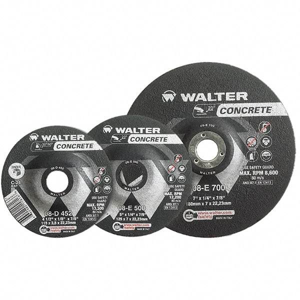 WALTER Surface Technologies - 24 Grit, 7" Wheel Diam, 1/4" Wheel Thickness, 7/8" Arbor Hole, Type 27 Depressed Center Wheel - Aluminum Oxide, Resinoid Bond, 8,600 Max RPM - Apex Tool & Supply