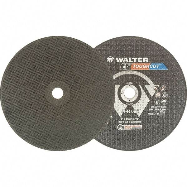 WALTER Surface Technologies - 9" 30 Grit Aluminum Oxide Cutoff Wheel - 3/32" Thick, 7/8" Arbor, 6,600 Max RPM, Use with Angle Grinders - Apex Tool & Supply