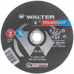 WALTER Surface Technologies - 7" 30 Grit Aluminum Oxide Cutoff Wheel - 3/32" Thick, 7/8" Arbor, 8,600 Max RPM, Use with Angle Grinders - Apex Tool & Supply