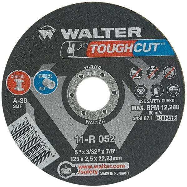 WALTER Surface Technologies - 5" 30 Grit Aluminum Oxide Cutoff Wheel - 3/32" Thick, 7/8" Arbor, 12,200 Max RPM, Use with Angle Grinders - Apex Tool & Supply