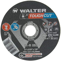 WALTER Surface Technologies - 5" 30 Grit Aluminum Oxide Cutoff Wheel - 3/32" Thick, 7/8" Arbor, 12,200 Max RPM, Use with Angle Grinders - Apex Tool & Supply