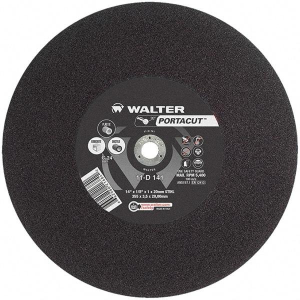 WALTER Surface Technologies - 14" 24 Grit Aluminum Oxide Cutoff Wheel - 1/8" Thick, 20mm Arbor, 5,400 Max RPM, Use with Electric & Gas Powered Saws - Apex Tool & Supply