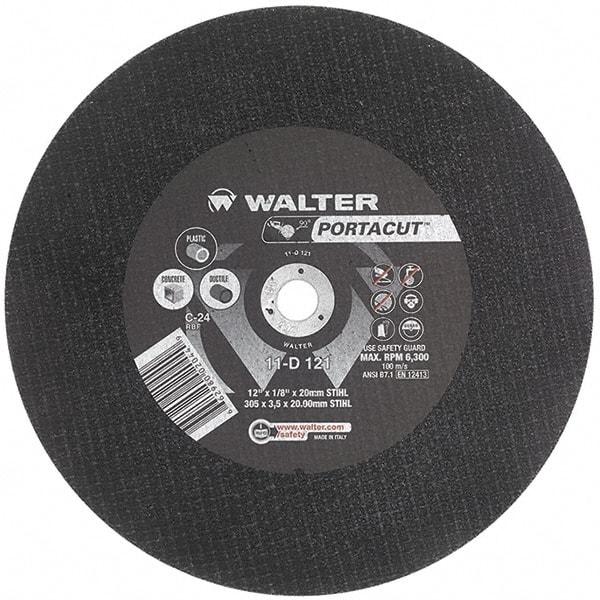 WALTER Surface Technologies - 12" 24 Grit Aluminum Oxide Cutoff Wheel - 1/8" Thick, 20mm Arbor, 6,300 Max RPM, Use with Electric & Gas Powered Saws - Apex Tool & Supply