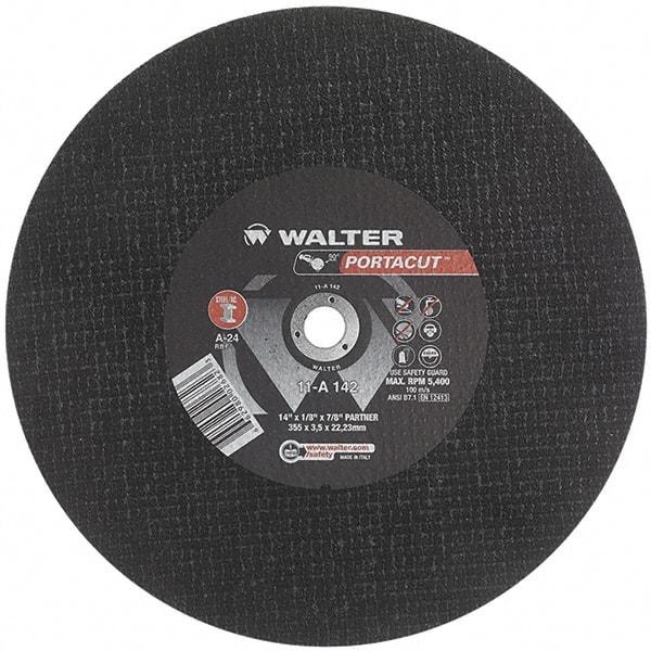 WALTER Surface Technologies - 14" 24 Grit Aluminum Oxide Cutoff Wheel - 1/8" Thick, 7/8" Arbor, 5,400 Max RPM, Use with Electric & Gas Powered Saws - Apex Tool & Supply