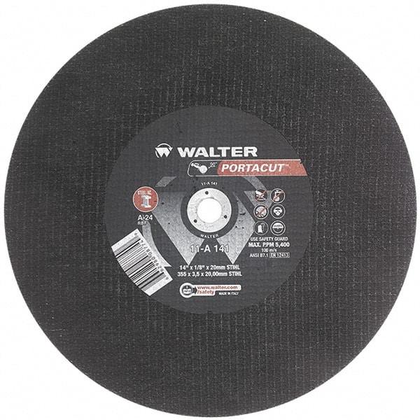WALTER Surface Technologies - 14" 24 Grit Aluminum Oxide Cutoff Wheel - 1/8" Thick, 20mm Arbor, 5,400 Max RPM, Use with Electric & Gas Powered Saws - Apex Tool & Supply