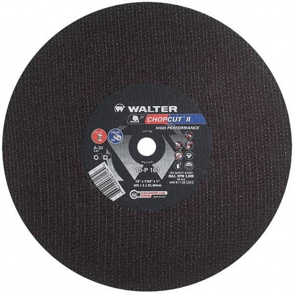 WALTER Surface Technologies - 16" 30 Grit Aluminum Oxide Cutoff Wheel - 7/64" Thick, 1" Arbor, 3,800 Max RPM, Use with Chop Saws - Apex Tool & Supply