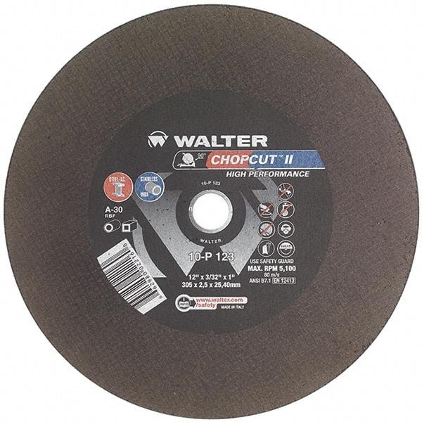 WALTER Surface Technologies - 12" 30 Grit Aluminum Oxide Cutoff Wheel - 3/32" Thick, 1" Arbor, 5,100 Max RPM, Use with Chop Saws - Apex Tool & Supply