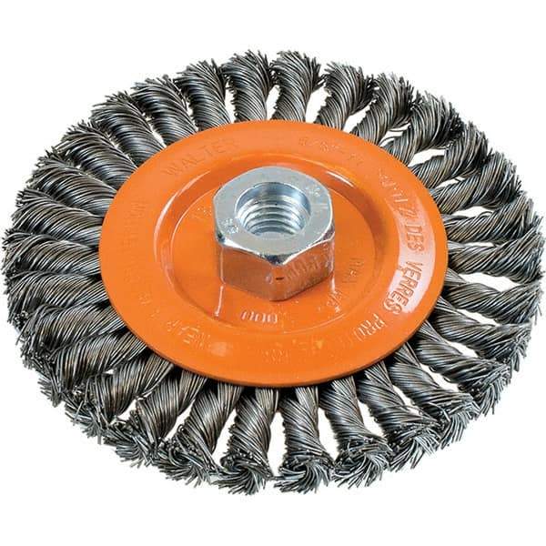 WALTER Surface Technologies - 5" OD, 5/8-11 Arbor Hole, Knotted Steel Wheel Brush - 3/8" Face Width, 0.02" Filament Diam, 15,000 RPM - Apex Tool & Supply